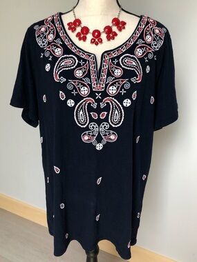 Talbots Navy Sand Dollar Embroidered Paisley Cotton Short Sleeve Tee Top Size 2X